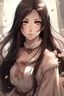 Placeholder: Attack on Titan. feminine . Wheaty skin. Dark brown eyes. White dress . Beautiful and attractive background. Light pink lip color. Long and black hair
