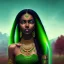 Placeholder: fantasy setting, woman, peau sombre, indienne, cheveux noirs avec une mèche verte