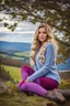 Placeholder: country side ,blue sky , mountains, pretty clouds ,beautiful 18 year old girl with ash blonde hair and blue eyes with her curvy hair down, wearing a long-sleeved woollen top, and lilac long leggings, with long red boots full body standing pose shot