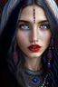 Placeholder: Russian gypsy girl, age 20, beautiful blue eyes, long curvy hair, maroon lips, middle eastern skin, black dots on middle of forehead, innocent look, silver ornaments, portrait, detailed