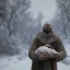 Placeholder: tired man sleeping in the arms of jesus christ , in snow, portrait, student costume, village, meditation, woods, cyberpunk, 8k quality