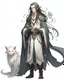 Placeholder: a young High Elf frost Wizard with long wiry hair, wearing a black trimmed white nobleman's robe and frost ornaments on clothes, with a small weasel on his shoulder