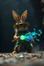 Placeholder: big fast killer bunny in background, magic swirl, strong winds, true grit, reggae rasta native stand off fast draw poncho cowboy wizard on knees hurt punching green and blue fire ball whip while taking sight wand slinger, in dark cave ,bokeh like f/0.8, tilt-shift lens 8k, high detail, smooth render, down-light, unreal engine