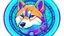 Placeholder: draw a round logo of a cute cartoon purple Shiba inu dog with cybernetic modifications, with a blue glowing button on his forehead and cables running from the button to his ears and muzzle. A light blue circuit board fills the cheek background.