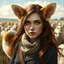 Placeholder: an arrogant, confident young woman with long brown hair, red eyes, pale skin, corgi ears, a corgi tail, reminiscent of a herding dog, Greg Rutkowski, sheep in a field for the background, intricately detailed, high definition,