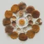 Placeholder: circle arrangement of small dried flowers on white textured paper, aesthetic layout, beautiful composition, vintage, tender, mild colours