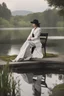 Placeholder: [modern] A woman in tuxedo around a pond