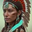 Placeholder: New Mexico pueblo Indian female, pueblo indian, 12k, ultra high definition, finely tuned detail, unreal engine 5, octane render, ultra realistic face, realistic headress, detailed make-up, green chile, zia, detailed turquoise jewelry, detailed hair, detailed feathers, red chile background