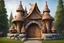 Placeholder: Основной материал — дерево и камень, создающие уютную и сказочную атмосферу. Входная арка в виде деревянной избушки или сказочного домика с резными украшениями. Башенки и шпили, напоминающие крепости или дворцы из русских сказок. Декоративные элементы: Фигуры сказочных персонажей: Баба-Яга на метле, Иван-Царевич, Кощеи, Леший, Маша и Медведь. Резные украшения: узоры, цветочные орнаменты, символы русской культуры. Витражи или витиеватые окна с изображениями сказочных сцен.