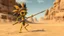Placeholder: a funny little creature that dance in a desert, the creature is yellow and green, have big eyes and long legs, he likes to dance and jump with his spear, he ls little evil and likes to scream "Musta", and have a big mouth sharp teeth, small penis, tribal look, head dress with feathers