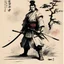 Placeholder: [traditional Chinese brush, expressive line, ink washes] the jodan no kamae: the samurai stands tall and proud, feet firmly planted on the ground. his katana is held high above his head, angled slightly forward, with the blade pointing menacingly towards the heavens. The grip is firm, yet relaxed, a subtle indication of the controlled ferocity that lies within.