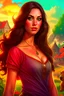 Placeholder: Blend looks of more Carla Harvey and less Megan Fox, medieval woman, tanned skin, dark brown wavy hair, shallow plunge short dress, randomized dress styles, field background, realistic, randomized poses, randomized colors and backgrounds, randomized colors of dress, randomized front and side view, randomized where she is looking