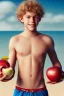 Placeholder: full body image of a beautiful 12 year old boy with long, blonde curly hair and light blue eyes, smiling, shirtless, holding a red apple in his right hand, in front of an distant beach, photorealistic