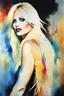 Placeholder: Text "Motley Crue, " A gorgeous blond woman with blue eyes, Miss Motley Crue, bright, colorful, multicolored watercolor stained wall in the background