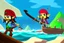 Placeholder: Cartoony Captain Jack Sparrow sailing on a small boat, in the middle of blue oceans, Legend Of Zelda: Wind Waker style, stylized, colorful, adventurous.