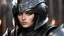 Placeholder: ((best quality)), ((masterpiece)), (detailed), beautiful face, female warrior, (defiance512:1.2), big eyes, heavy black iron armor, detailed helmet, intense gaze, battle-ready, contrasting soft skin, (lighting:1.2), close-up portrait, 4:3 aspect ratio