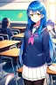 Placeholder: girl, masterpiece, best quality, cinematic lighting, detailed outfit, vibrant colors, perfect eyes, long hair, blue hair, green eyes, hairclip, indoors, ray tracing, god rays, in spring, classroom, sparkle, depth of field, smile, school outfit,