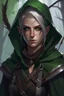 Placeholder: Portrait of gender neutral rogue elf, thief assassin, mauve hair, bright green eyes, brown skin, black hood, black leather armor, messy, disheveled, trees, sneaky, bow and arrows