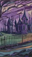 Placeholder: A purple haunted mansion near a graveyard painted by Edvard Munch