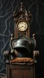 Placeholder: An old antique grandfather clock in the background of black vein, human veins, mixing together a lot of them, like a forest, big and small veins a lot of them, an army German helmet from ww2 on an old broken throne