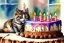 Placeholder: Smiling cat is having a birthday cake. Highly detailed, smooth colours, realistic landscape. Aquarell