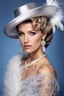 Placeholder: full body beautiful girl, elegant silver,lace clothes of the 80s, luxury style, small elegant hat with feather, hair of the 80s, pearl necklace, earrings masterful, beautiful face,blue backdrop