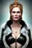 Placeholder: Cersei Lannister as evil queen in black leather and fur, busty, cleavage, curvy, lena headay, angry, stern look. character design by cory loftis, fenghua zhong, ryohei hase, ismail inceoglu and ruan jia. unreal engine 5, artistic lighting, highly detailed, photorealistic, fantasy