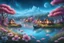 Placeholder: Fantasy cities with magical cabins in the background , sweet hills, frozen turquoise lake in the foreground, magical landscape, magical atmosphere, sweet hills in the background, a lot of details,a small boat on the lake, pink flowers over there, luminous blue sky with stars, a lot of sparks of light everywhere