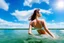 Placeholder: close up shot of very beautiful model girl swimming in water wearing swim suit ,country side ,nice cloudy sky,country houses