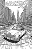 Placeholder: Outline art, no shading, taxi on the road, cartoon style, black and white, low detail, --ar 9:11