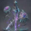 Placeholder: A fantasy zweihander, the blade is made up of glimmering ice, it's hilt is crafted from swirling vines, leading to a vibrant rose crystal at the pommel, with a black background behind it.