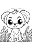 Placeholder: cute coloring page, sketch style, cute baby dog in the jungle, cute cartoon, white and black, withe background, no shadows, outline.