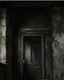 Placeholder: An ancient, weathered door stands in an abandoned house, shrouded in deep, engulfing darkness. The walls are rough and covered in moss and dust, with wooden beams crumbling and floors uneven. The faint light coming from a small particle of the philosopher's stone, placed mysteriously near the door, emits a warm, surreal glow, contrasting with the surrounding darkness. The stone’s light weakly illuminates the nearby area, casting long, eerie shadows. The atmosphere is thick with mystery and tensi