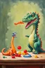 Placeholder: In this still life painting, a small plastic dinosaur is facing off with a gummy worm, both looking rather stern. The dinosaur has its tiny arms crossed in defiance, while the gummy worm seems to be attempting to reason with it. Meanwhile, a lone marshmallow sits nearby, looking bewildered by the whole situation. It's a humorous take on the clash between toys and sweets, with a touch of dry wit.