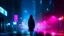 Placeholder: woman night foggy city neon lights traffic walking