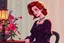 Placeholder: pixel art, A vintage-style illustration featuring a woman with red hair in an ornate dress, gazing thoughtfully near a lamp and floral arrangement, with soft, colorful lighting enhancing the ambiance.