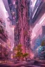 Placeholder: A Epic tree carved into cyberpunk city, building both side of road, dusk, masterpiece , art by jorge pardo, photorealistic, pinkish color, meditative vibe, ornate, wide view