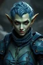 Placeholder: 50 year old water genasi sorcerer with weathered green skin, green eyes, short blue-green hair, fin-like ears, and a half smile wearing blue and black leather armor