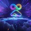 Placeholder: Colourful 3D glowing infinity symbol ∞, hovering above a colourful glowing cloud, network and lights coming from the cloud onto a futuristic map of the globe, inspiring, neon, glowing, friendly, beautiful, octane render, 8k post-production, artstation: award-winning: atmospheric: commanding: fantastical: clarity: 16k: ultra quality: striking: brilliance: liquid medium: stunning colors: amazing depth; lens: f/8, 28mm