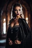 Placeholder: Gorgeous Real Photography Beautiful Super Model European girl,dressing covering gown luxury Beautiful Lady Bat Vampire with black wings,diamonds jewelry ,dark night castle moonlight background, portrait horror, over-the-shoulder shot