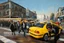 Placeholder: men models in a street in a taxi oil painting