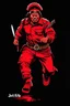 Placeholder: indigenous canadian warrior(uniform and face based on racist steriotypes) running towards viewer, a knife i one hand, and a gun(barrel pointing at viewer) in the other. blocky retro 1960's jack kirby style poster in monochrome with white background