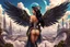 Placeholder: exotic sci-fi steampunk pin-up girl, with long dark hair and wings, on an alien planet with cloud trees, tall spires, buildings, bridges, arches