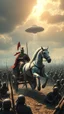 Placeholder: A chariot with two white horses on it a Sumerian warrior is leading war behind him thousands of soldiers and ufo hovering in the far distance in the sky
