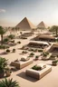 Placeholder: P public area of the pyramids, including modern seating areas with planters, sweet cars, and tourist bazaars.