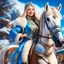 Placeholder: (masterpiece, best quality, 8k, RAW photo, beautiful and aesthetic:1.2), complex detail, Indirect light, photorealistic, (((full body))), 2 Gorgeous Cosmic russian asian goddess smiling, long curved blonde hair, blue eyes, Mixed, sci-fi and traditional russian outfit with white furs and chapka, on a horse companion, a colorfull Sci-Fi environment