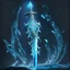 Placeholder: A fantasy sword that is a slender, translucent blade made of ice, shimmering with an ethereal blue glow. Its hilt is crafted from swirling vines, leading to a vibrant crystal at the pommel. With a black background behind it.