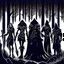 Placeholder: A group of four characters from a fictional book world. A witch, a gladiator, a thief, and an enchanter. The characters are in a dark forest. The characters are shrouded in mystery.