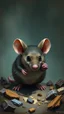 Placeholder: Bosch painting style, 3D mouse a trapper a mouse is sniffing aroundit