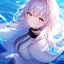 Placeholder: Clear focus,High resolution, Blue long hair, Light pink eyes,Wearing a white cloak,Wearing a pink short skirt,wearing a black collar,Looking away from the viewer, Blurry floating water